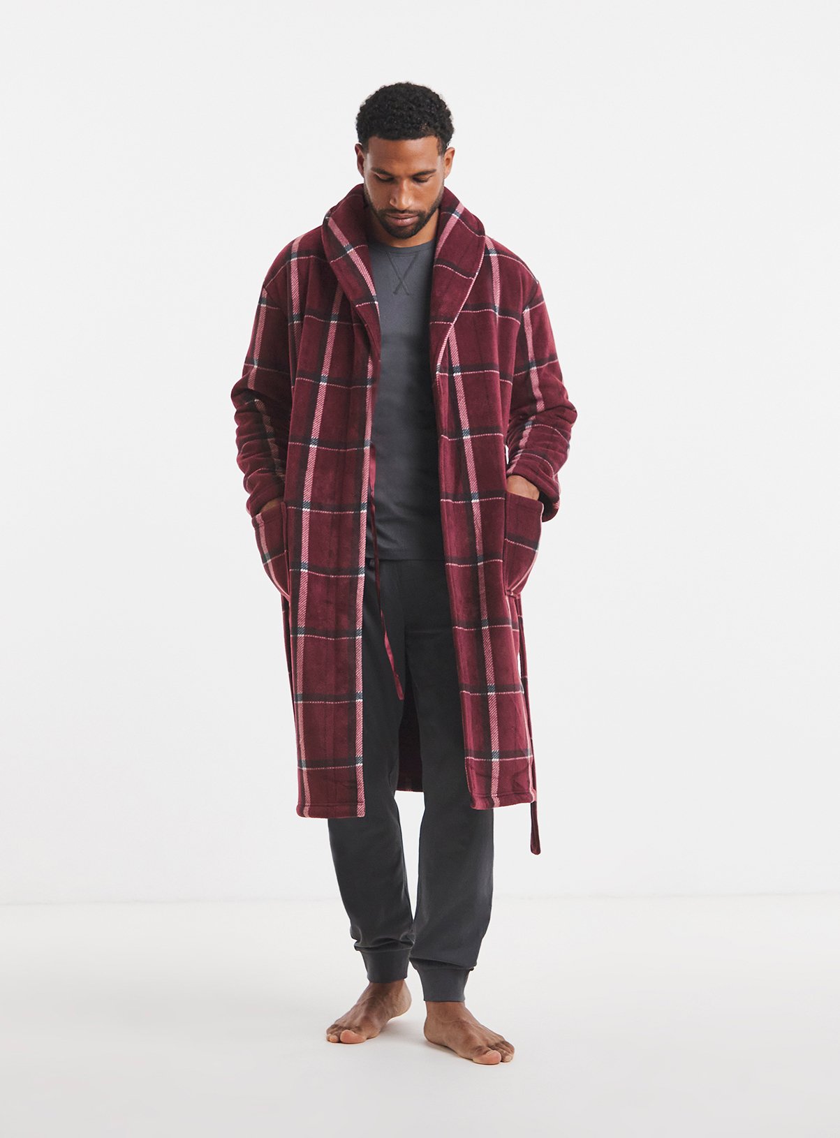 JACAMO Check Borg Lined Fleece Dressing Gown Red XL - Image 1 thumbnail